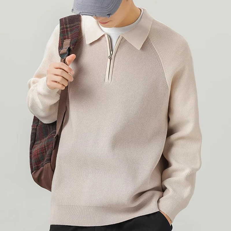 

Ранняя осень, наряд в корейском стиле, вязаный топ с воротником на молнии, корейский минималистичный мужской вязаный топ с воротником-поло, вязаный топ