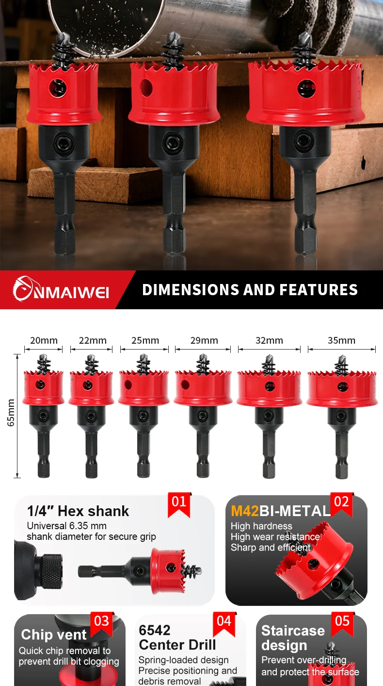 M42 Bimetall-Lochsägen-Set 3/4" bis 1-3/8" Dünnwandiger Kobalt-Bohrlochschneider mit Sechskant-Spannzange für Holz-, Metall- und PVC-Schnitte – Detail 2