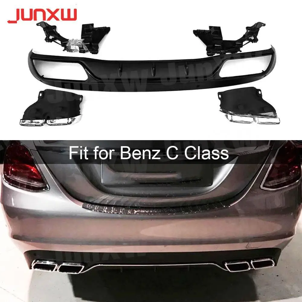 PP Rear Diffuser with Exhaust Tips 4 Outlet for Benz C Class W205 4 Door C63 AMG look Only Standard Bumper