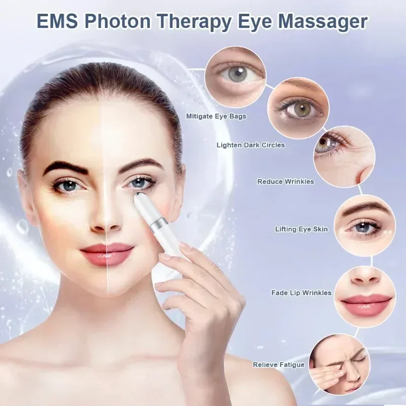 Masajeador de ojos eléctrico EMS, Estiramiento de la piel de los ojos, herramienta para el cuidado de la piel antiarrugas, vibración 45 ℃   Masaje caliente Relaja los ojos Elimina las ojeras