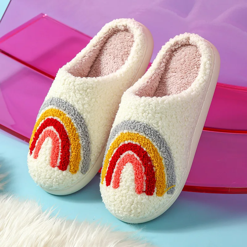 Men's Classy New Heart Mushroom Rainbow Chessboard Strawberry Christmas Tree Warm Thickeneded Plush Home Indoor Cotton Slippers for Men and Women Cute Autumn and Winter Non-Slip