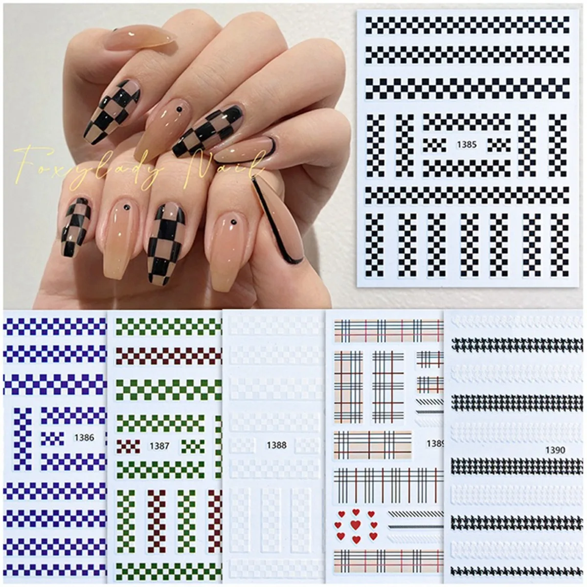 Checkered Series Nail Art Stickers with Love Diamond Pattern Black White Square Design Nail Decoration Decals