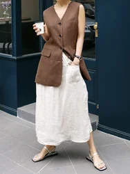 Retro 100% Linen Women's Skirt Casual Solid Elastic High Waist Skirt Pants Korean Japanese Long Skirt Saia Feminina