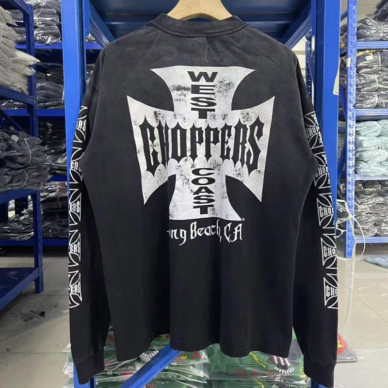 

West Coast Chopper Long Sleeve American High Street Retro Wash Old Cross Print Top Tee Trend Brand Loose Casual T-shirt