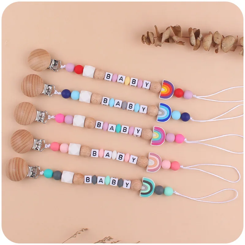 Baby soother beech wood pacifier chain Baby creative cartoon silicone rainbow chain Teething teethers anti-falling chain