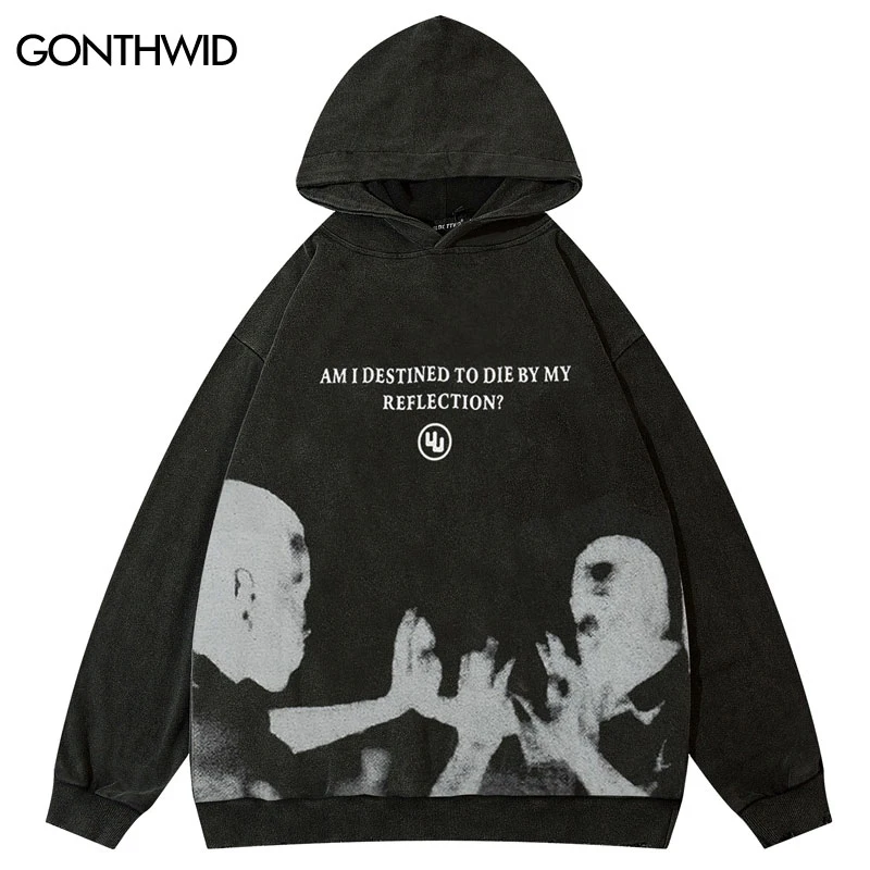 2023 Hip Hop Oversize Hoodie Sweatshirt Men Streetwear Face Ghost Shadow Graphic Harajuku Retro Washed Black Hooded Pullover Y2K