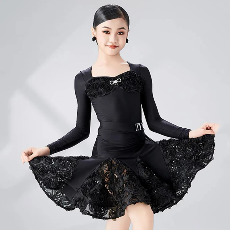 Mädchen Latin Tanz kleid lange Ärmel Blume weiß schwarz Kleid Kinder Cha Cha Rumba Performance Kostüm Tanz kleidung dnv18843