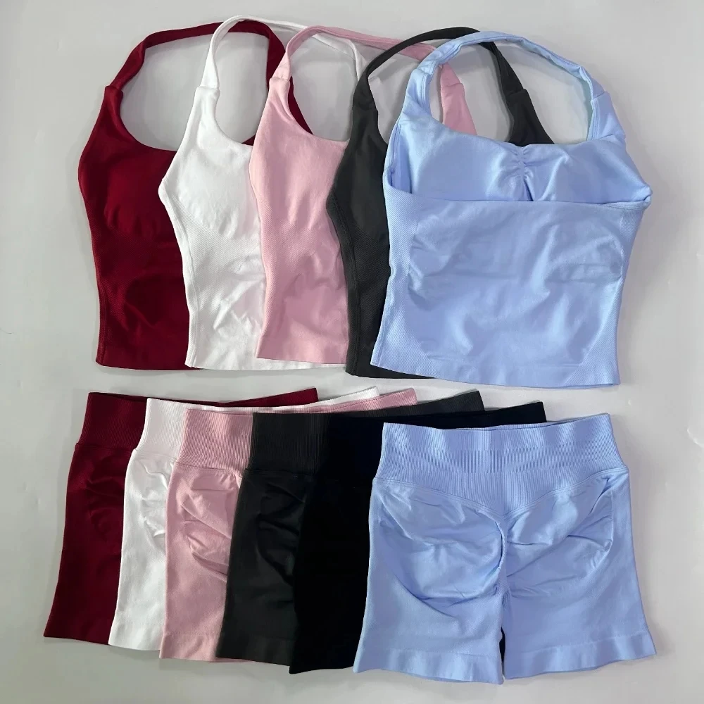 Women Impact Gym Set Tie Back Halter Top High Waist Yoga Shorts Breathable Stretchy Soft Leggings 2Pcs Yoga Workout Sportswear