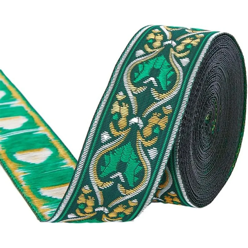 

7.66 Yards Polyester Ethnic Style Jacquard Ribbon Vintage Floral Embroidery Fabric Trim Green Fringe Boho Persian Sewing