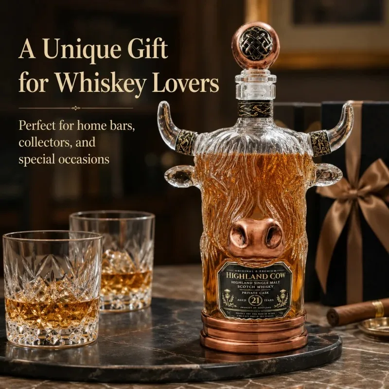 Highland Cow Shaped Glass Decanter 350ML Whiskey Liquor Bottle Creative Bull Design Home Bar Decor Collectible Gift