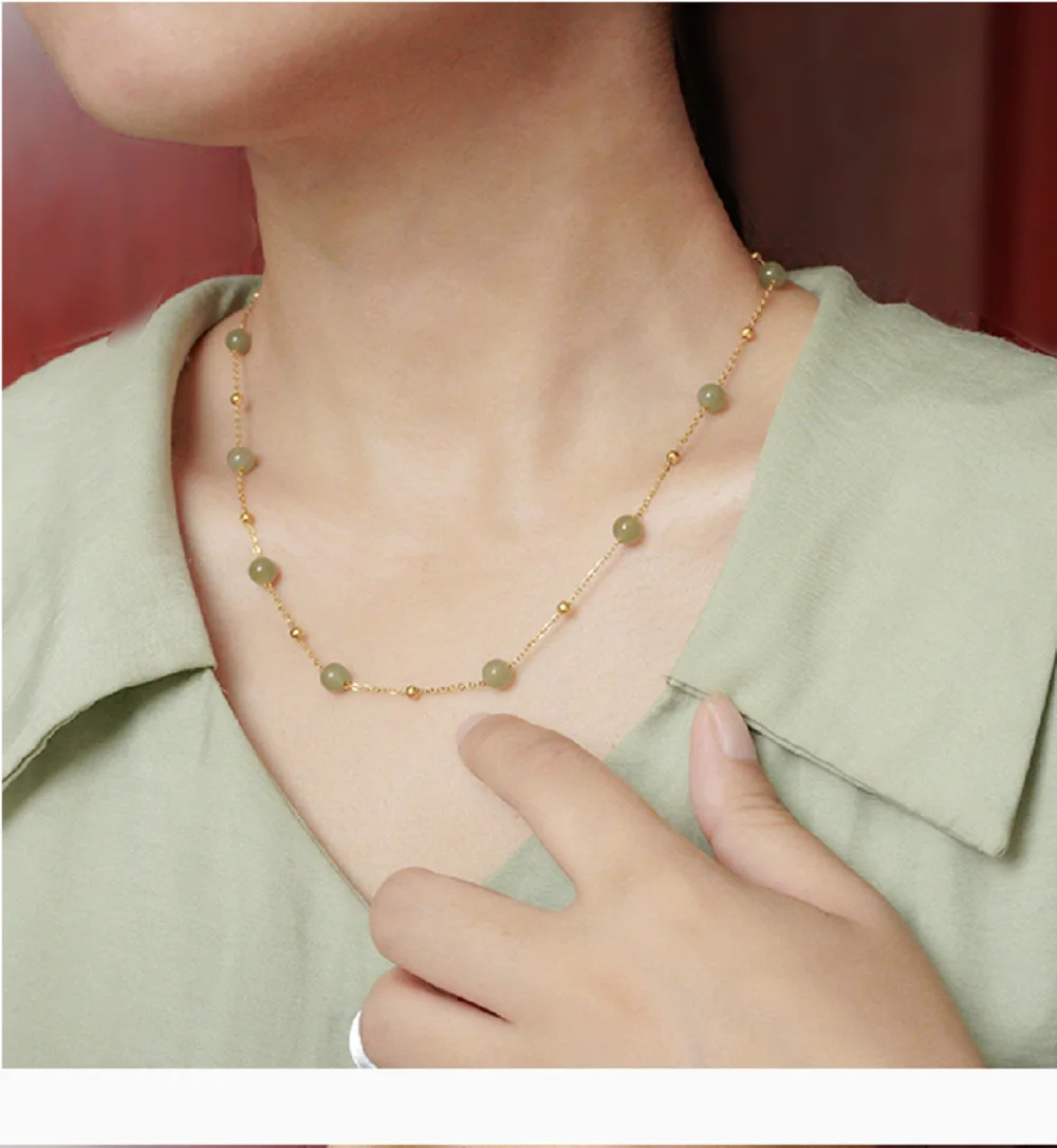 

Exquisite necklace+Hetian jade bead pendant, 6mm bead necklace, about 40cm