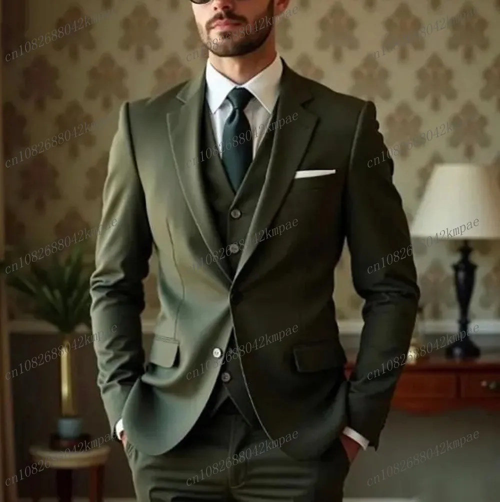 

Армейский зеленый деловой мужской костюм для торжественных случаев, жениха, жениха, свадебной вечеринки, выпускного вечера, мужские смокинги, комплект из 3 предметов, пиджак, жилет, брюки