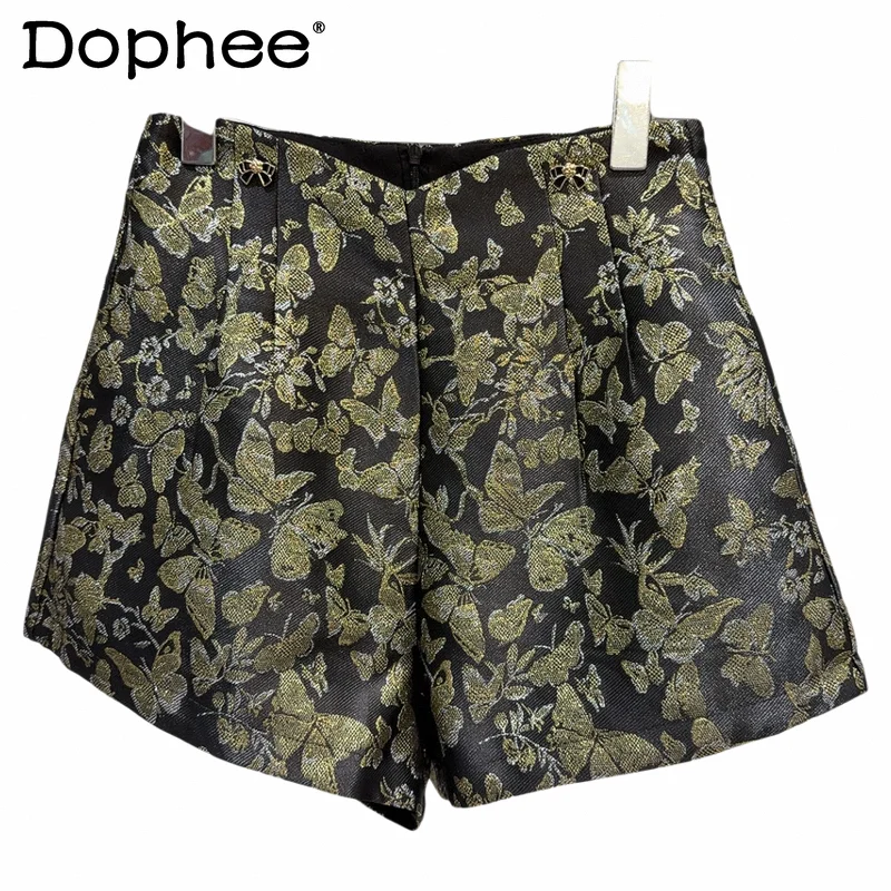 Gold Retro Jacquard Satin Elegant Shorts Women 2024 Summer New High Waist Black Shorts Butterfly Embroidered Casual Shorts