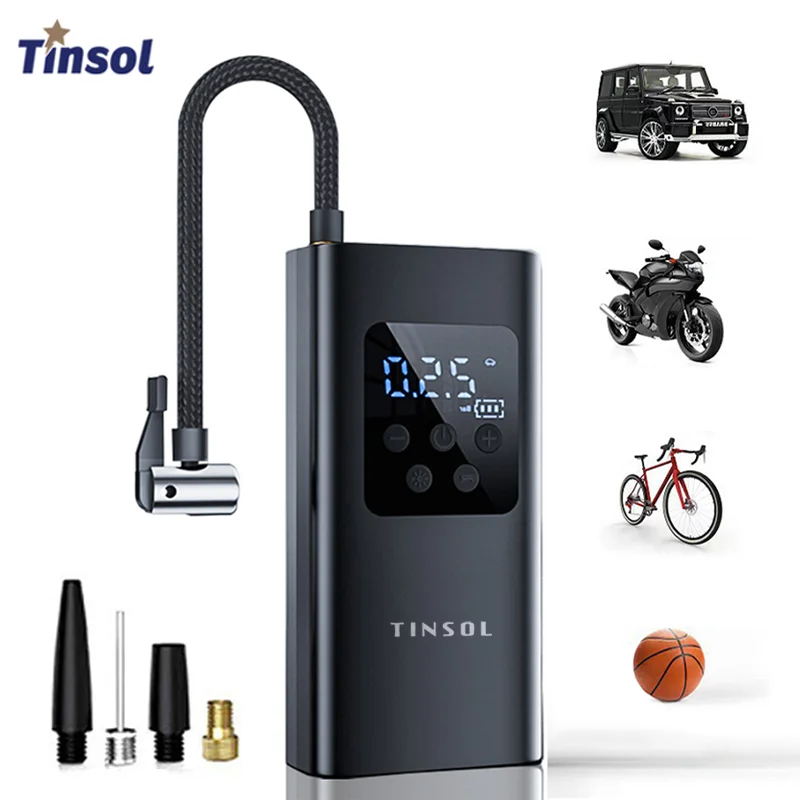 TINSOL portable tire inflator rechargeable electric air pump digital air compressor suitable for cars, bicycles, and footballs