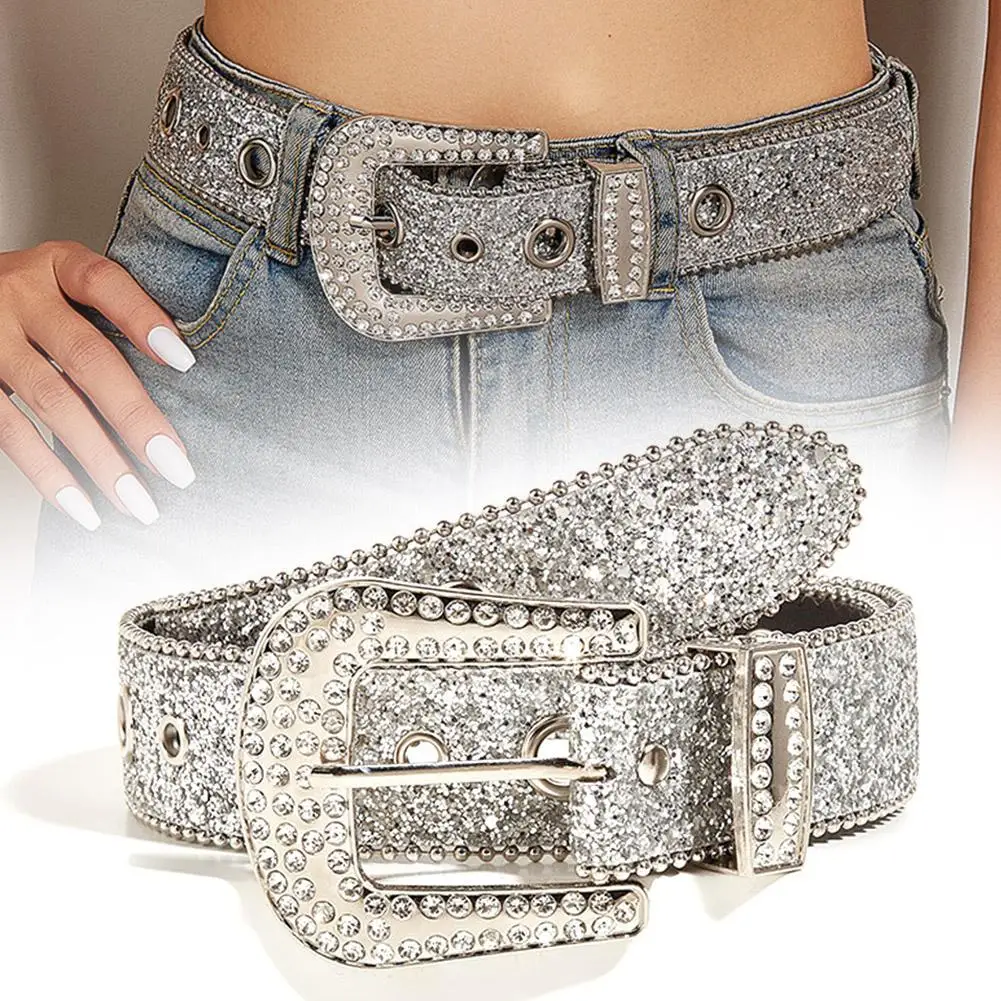 Y2K Women Fashion Solid Print Studded Full Rhinestone Belt PU Leather Bling Crystal Adjustable Glitter Waistband for Club Party