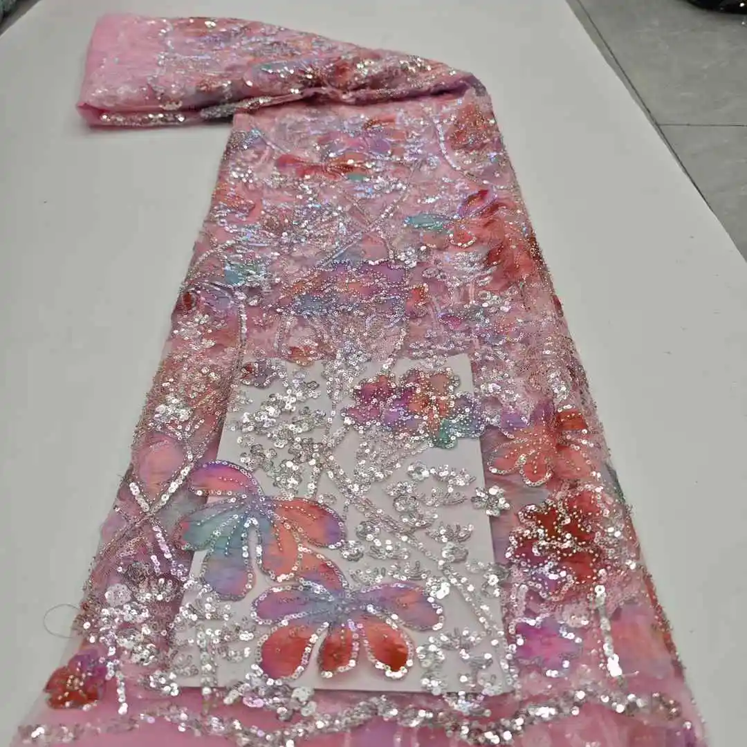 

French Sequined Lace Fabric 2025 High Quality Luxury Nigerian Mesh Tulle African Lace Fabric Net For Wedding Dress Women