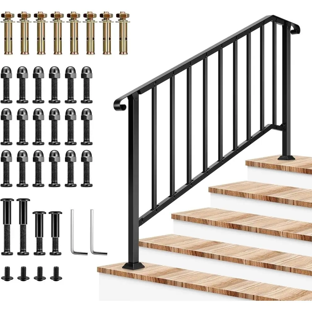 درابزين بخطوات، 69 × 36، يناسب 1-5 خطوات، درابزين من الحديد المطاوع، نهاية منحنية ودرابزينات، خطوات خرسانية/الشرفة، سهلة التجميع، Bla