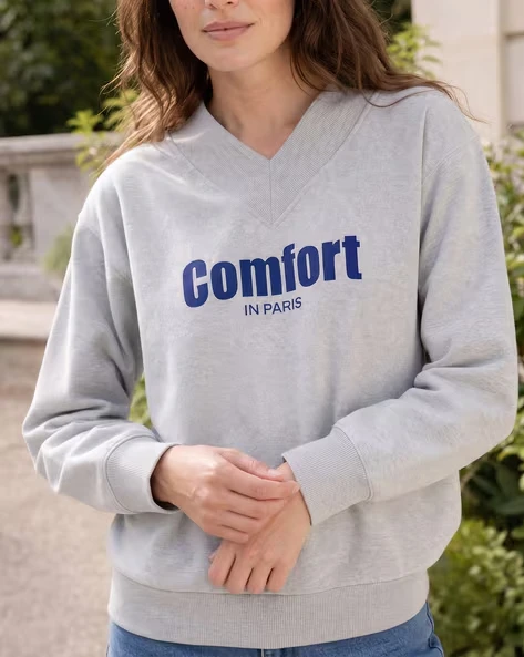 Women V Neck Sweatshirt Comfort In Paris Letter Print Long Sleeve Pullover Casual Loose Fit Streetwear Ladies Basic Sweat Tops