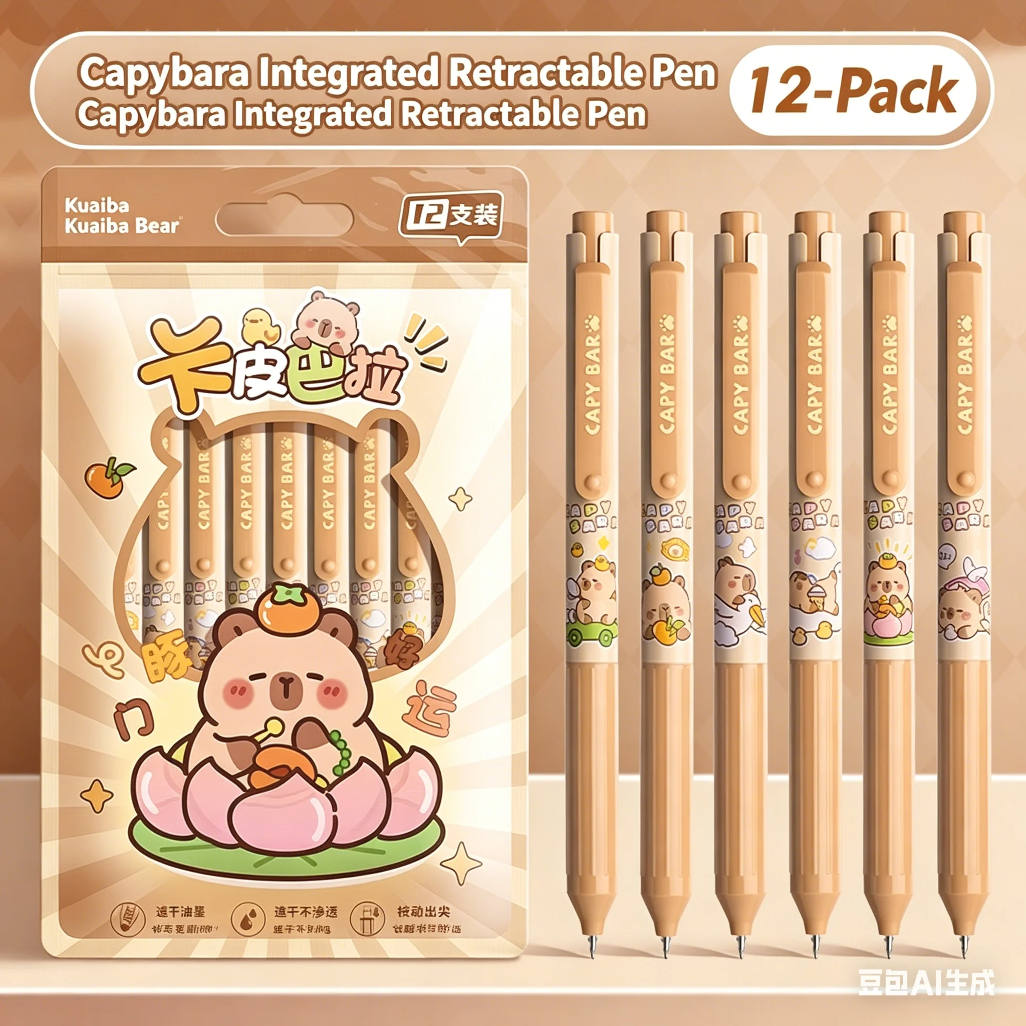 Cute Capybara Retractable Gel Pens Set, 12 Pack 0.5mm ST Tip Quick-Dry Black Ink Pens for School, Office & Back to School