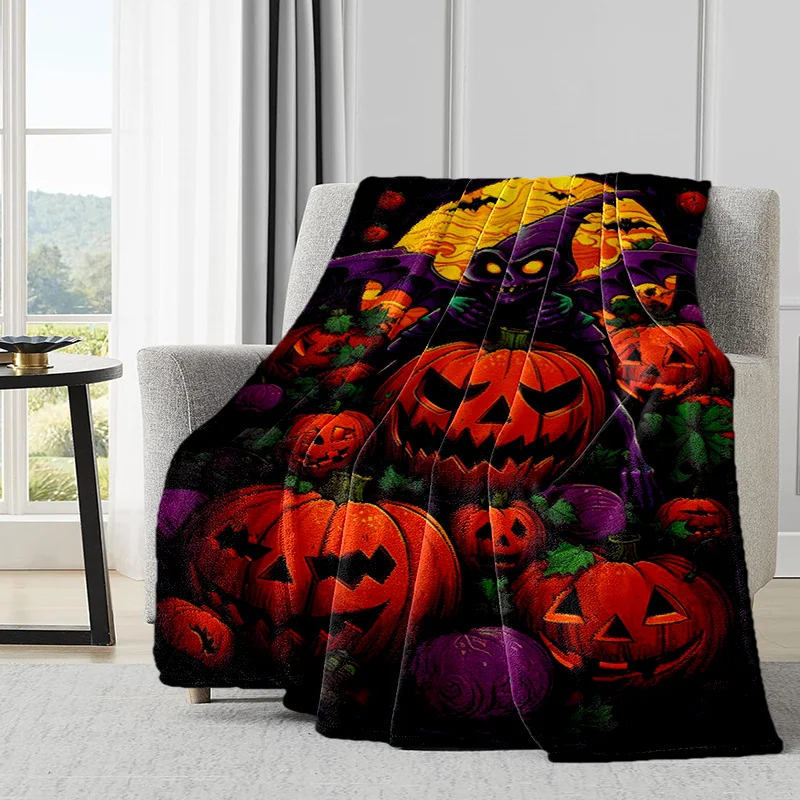 Halloween Pumpkin and Bat Design Soft Blanket – 100% Polyester Cozy Sofa Bed Throw for All Seasons