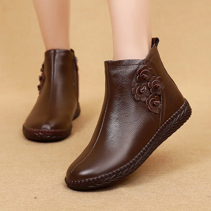 2024 Winter Women Shoes Woman Genuine Leather Flat Ankle Boots Women Waterproof Causal Warm Snow Boots Mother Non-slip Booties