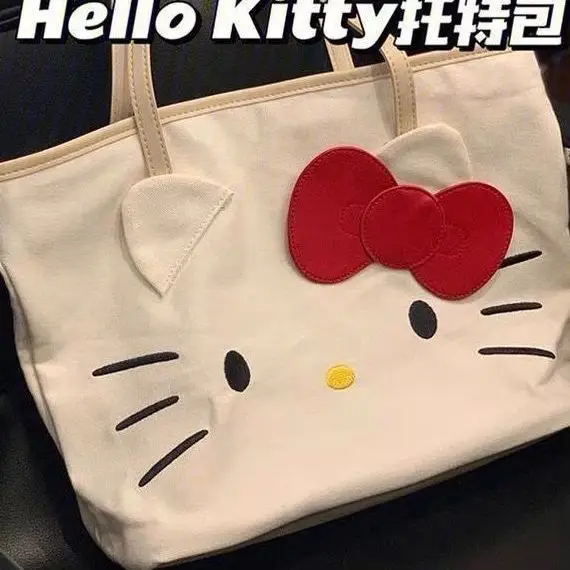 Sanrio Hello Kitty Woman Tote Bag Girls 2024 Trend New Travel Large Capacity Storage Cartoon Cute KT Canvas Handbag Shoulder Bag