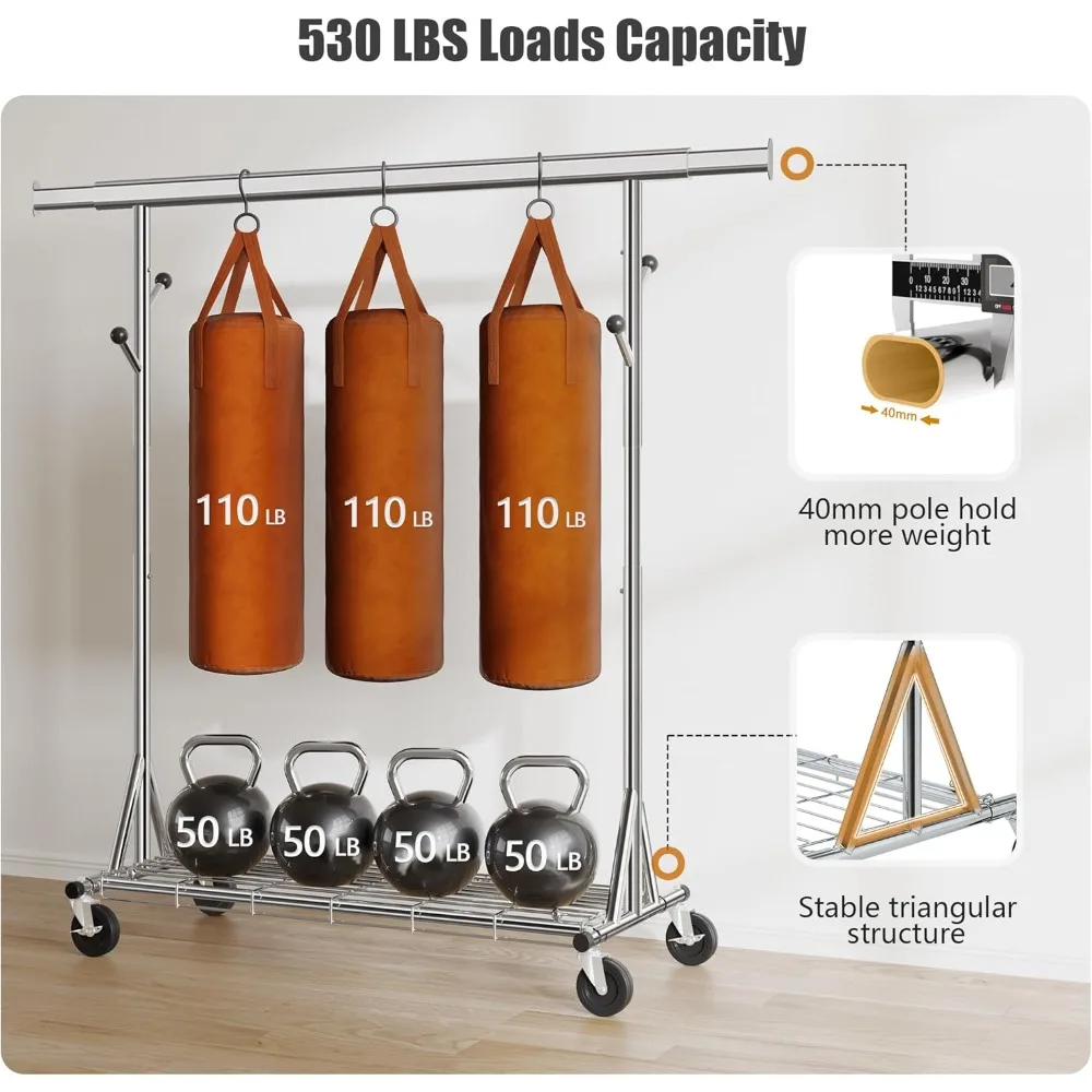 Appendiabiti in metallo resistente con capacità di 530 libbre, può contenere 200 pezzi, pieghevole, portaoggetti portatile con ruote