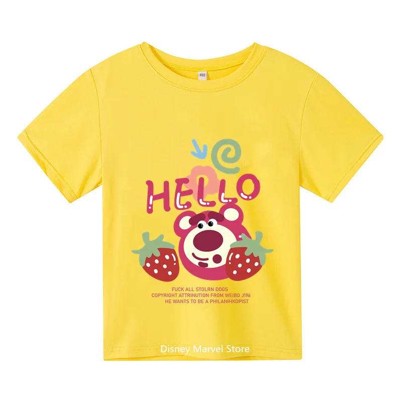 T-shirt à manches courtes et col rond pour garçon et fille, en coton, décontracté, mignon, Harvey Bear Lotso, à la mode, été, 2024