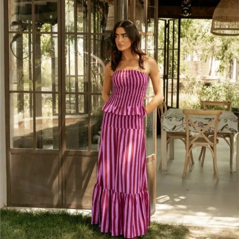 

New Fashion Women Summer Two Piece Set Tie-dye Printed Strapless Ruffles Crop Top and Big Hem Skirts Set Holiday Outfits