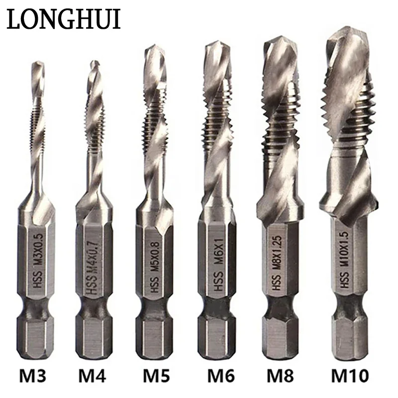 6PCS Titanium Plated Hex Shank HSS Screw Thread Metric Tap Drill Bits Screw Machine Compound Tap M3 M4 M5 M6 M8 M10 Hand Tools