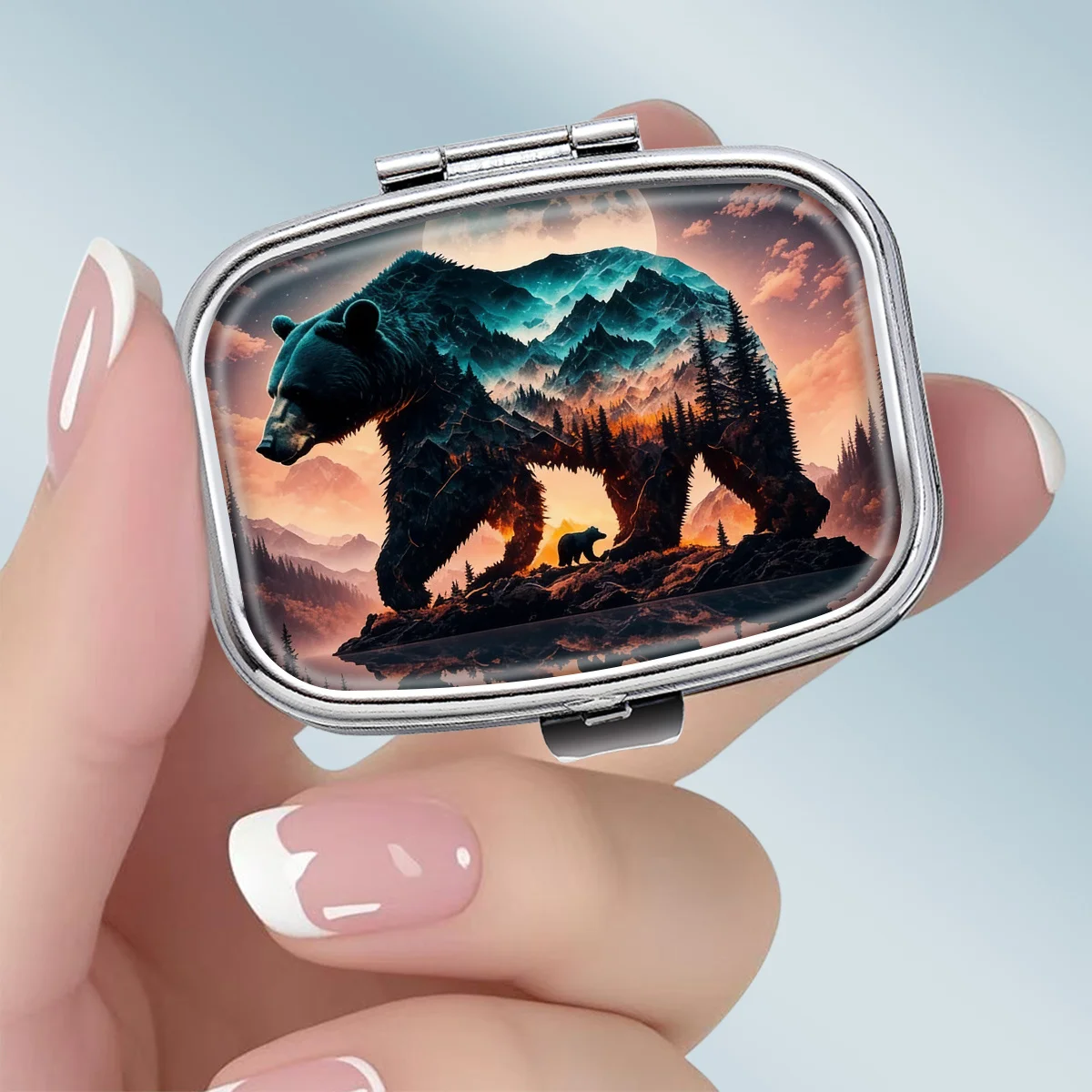 Compact 2-Compartment Square Metal Pill Box, Featuring a Double-Exposure Style Design with a Black Bear Nature Scene Theme, Portable Decorative Vitamin Storage Box, or a Unique Gift for Your Wallet