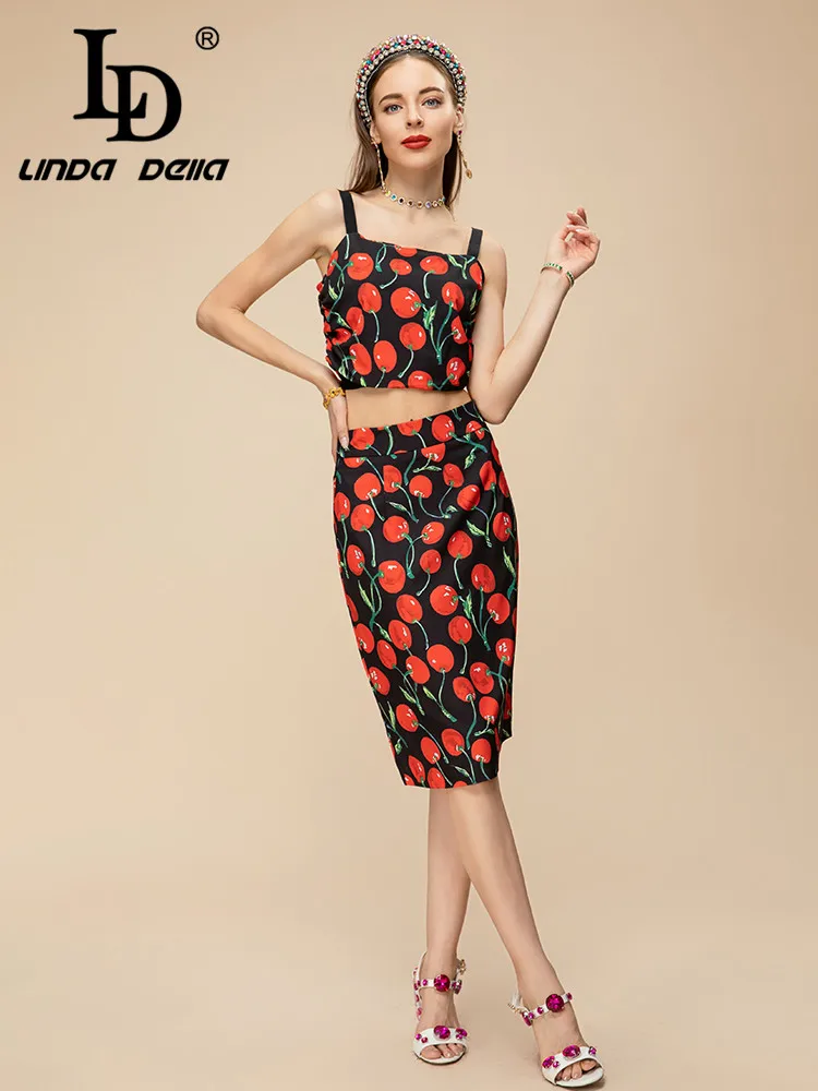 LD LINDA DELLA 2023 Summer Runway Designer Set Women\'s Suspender Cherry Print Top+Elastic Waist Elegant Party Skirts Sets