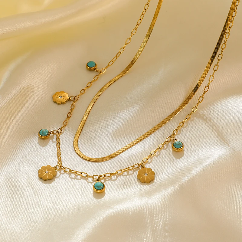 EILIECK 316L Edelstahl-Schmuck Mehrschichtige Halsketten mit grünem Steinanhänger für Damen Vintage Choker Halsketten-Accessoires – Detail 10