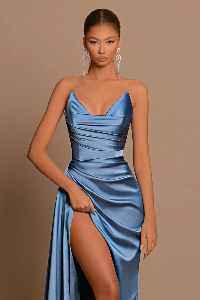 Vestido plisado de satén con cuello en V para dama de honor, y elegante traje elegante, largo y entallado, con abertura Formal para graduación y quinceañera, 15 años