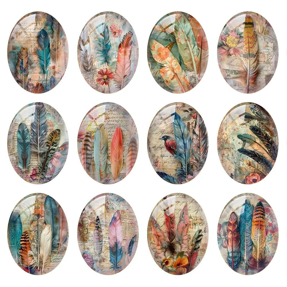 Random Mixed Round/Oval/SquareVintage Feather Bird Collage Photo Glass Cabochon Flatback Demo Cameo For Diy Jewelry Making