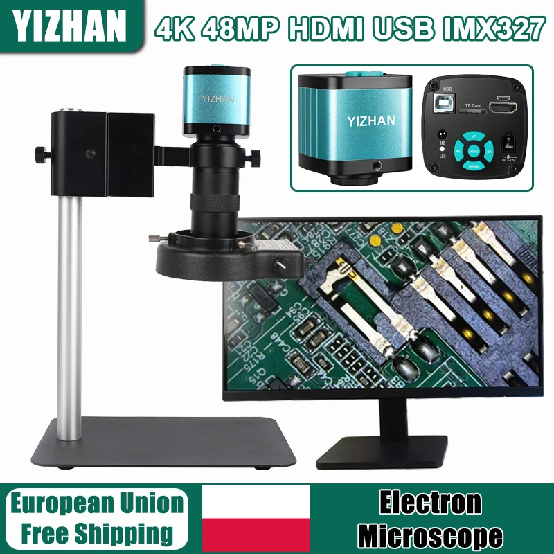 Microscopio digitale elettronico 4K 48MP HD 1080P 60FPS HDMI USB Fotocamera per saldatura Obiettivo 1-130X Base piccola per la riparazione PCB del telefono