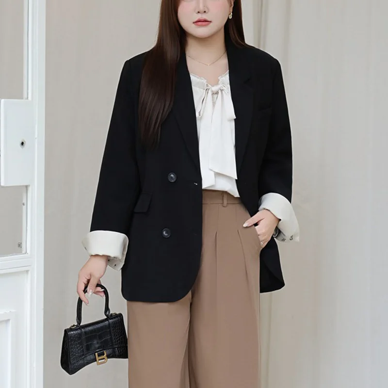 

Plus Size Women's Blazer Premium Casual Black Texture Block Color Cuffs OL Micro Loose Double Breasted Tailored Suit Jacket