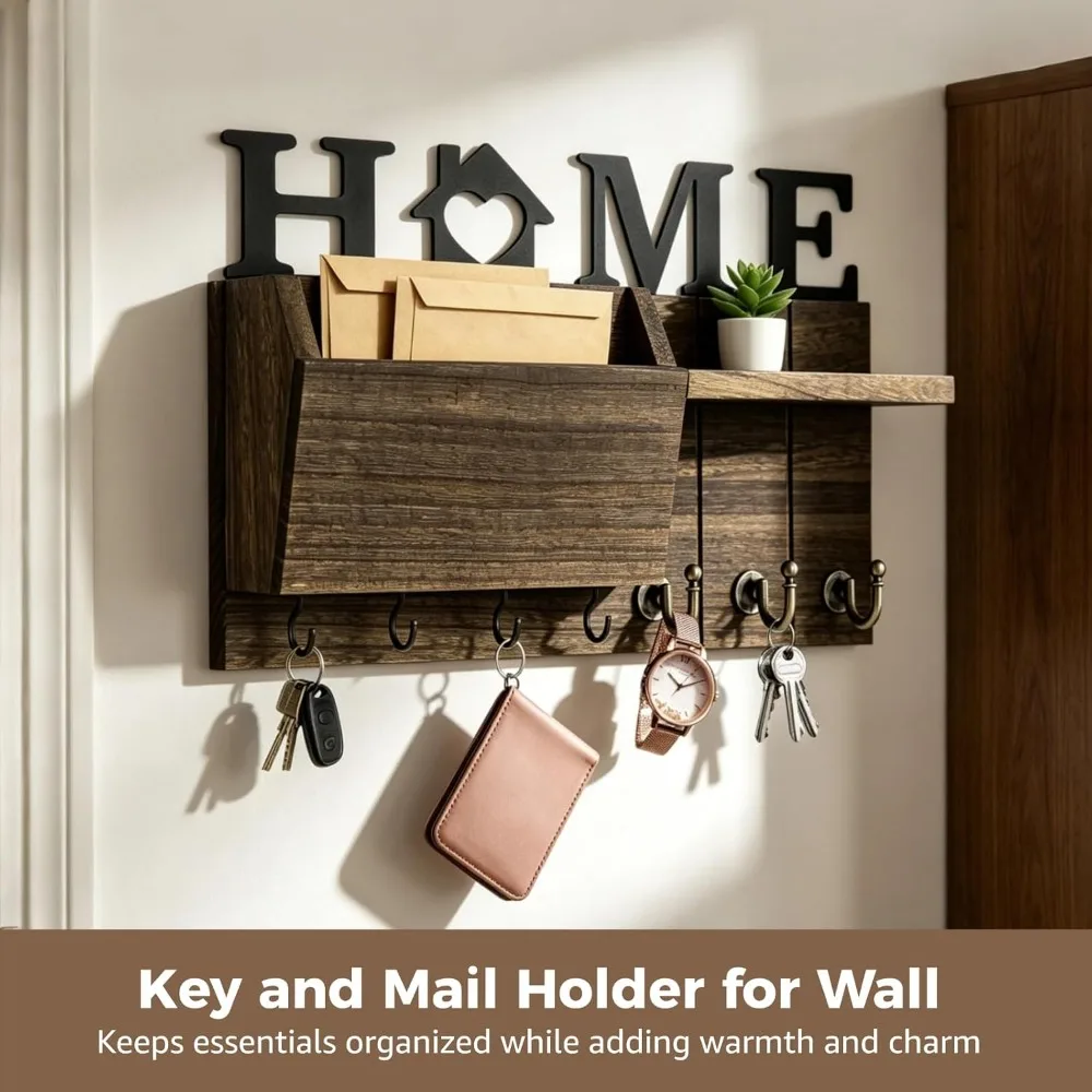 Wooden Wall Key Holder, Decorative Key and Mail Holder with Shelf Has Large Key Hooks for Bags, Coats, Umbrella