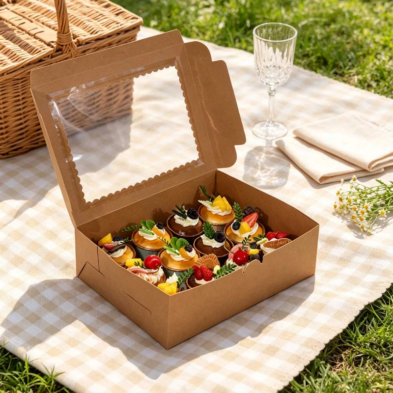 12 Cavity Kraft Paper Cupcake Box with Clear Window, Brown Muffin Holder Box for Birthday Wedding Bakery Dessert Packaging