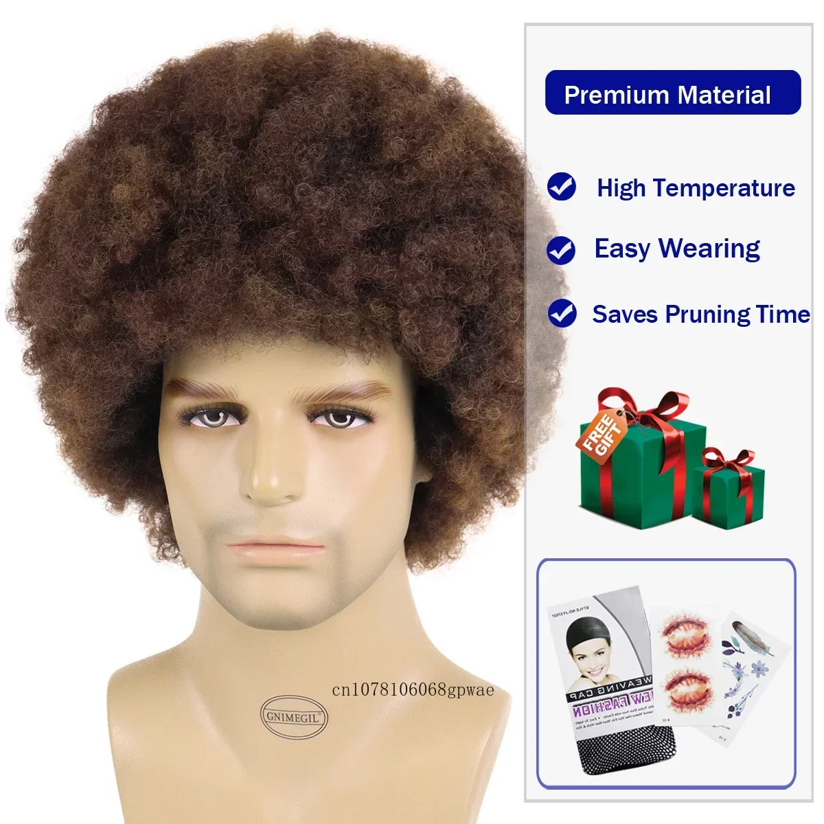 Synthetic Hair Afro Curly Wigs for Men Costume Halloween Carnival Party Brown Hair Replacement Wig Disco Style Heat Resistant