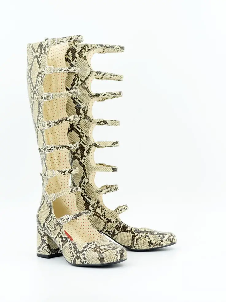 

Lady Snack Printed Design Chunky Heel Knee Boots Cut-Out Buckle Strap Runway Boots Footwear Size 46 Vintage Printed Retro Boots