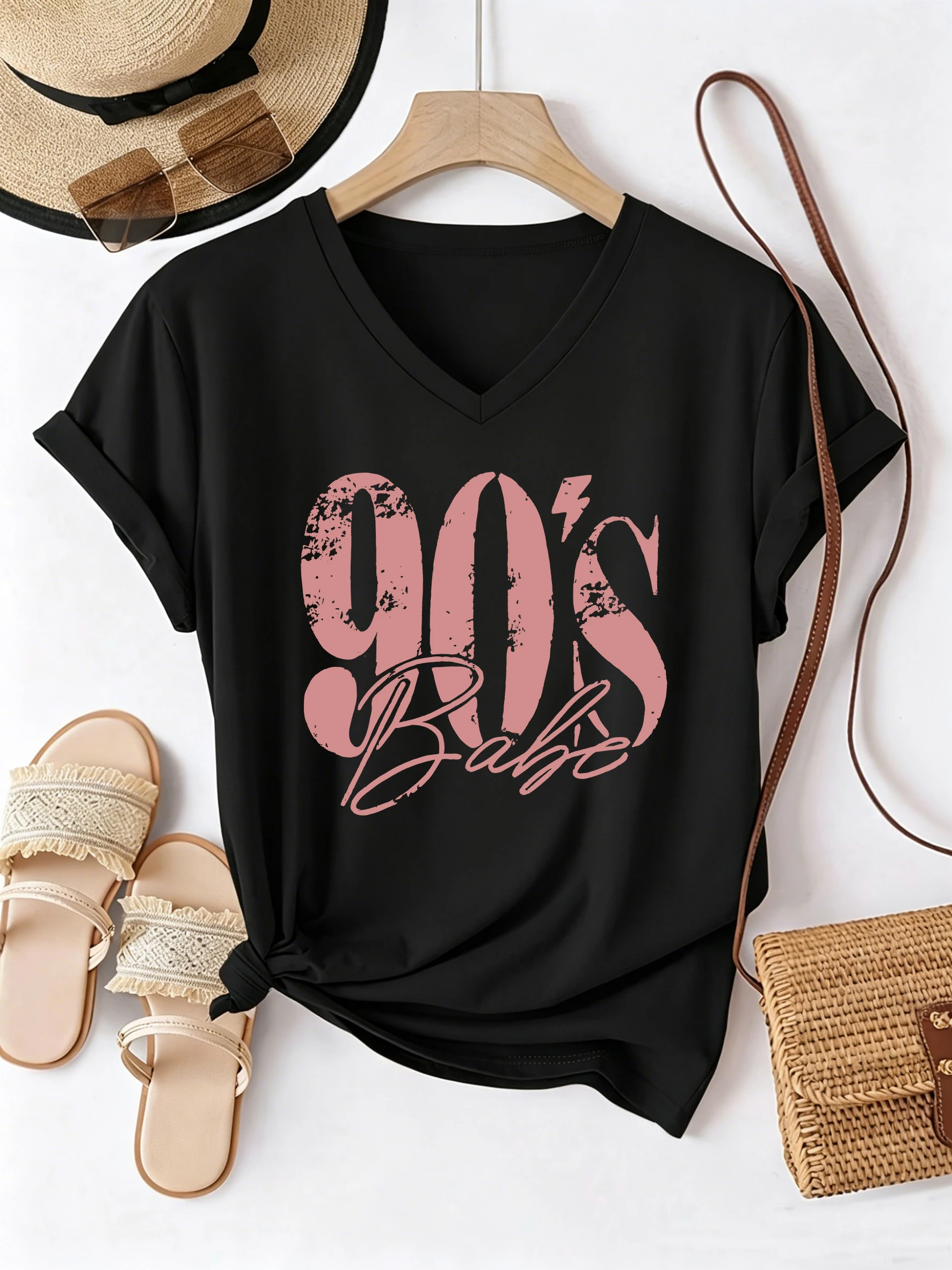 Sommer Frühling 90er Jahre Buchstaben T-Shirt V-Ausschnitt Lässige Mode Y2K 90er Jahre Mädchen T-Shirts Damen Kurzarm Tee Shirt V-Ausschnitt Tops