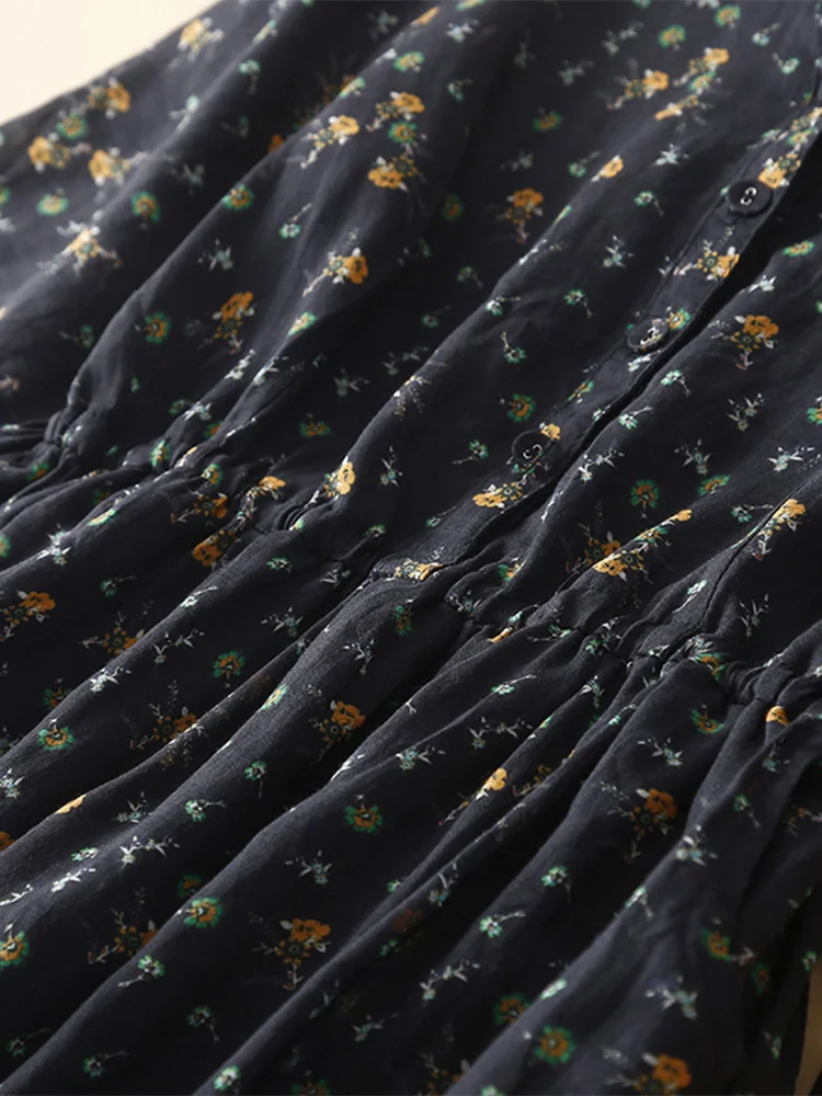 スリムフィット Vネック コットンリネン レディース Aラインスカート または Sve ミドル丈ガウン 花柄プリント 快適なゆったりウエスト