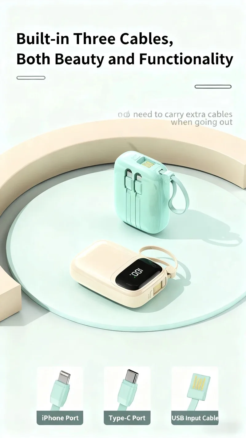 超急速充電モバイルバッテリー 10000mAh 22.5W iPhone、Xiaomi、Samsung、Huawei対応 デジタルディスプレイと内蔵ケーブル付き