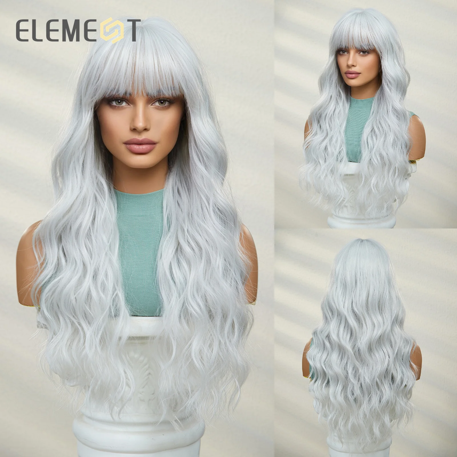 ELEMENT Cute Barbie Wigs Gray White Loose Long Curly Hair synthetic Bob Wig with Bangs Lolita Cosplay Party Daily Wigs for Women