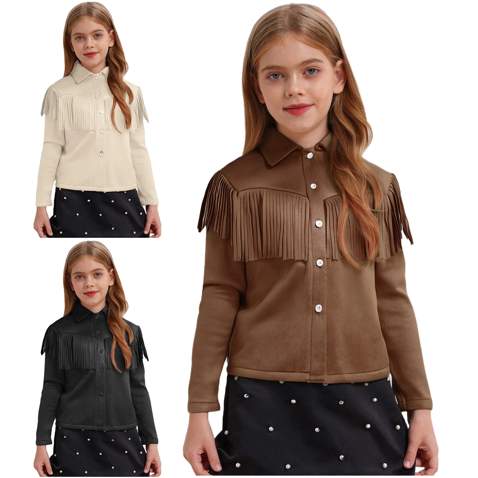 Boys Girls Western Cowboy Cowgirl Costume Long Sleeve Vintage Fringe Suede Coat Top Halloween Carnival Party Cosplay Dress Up - view 5