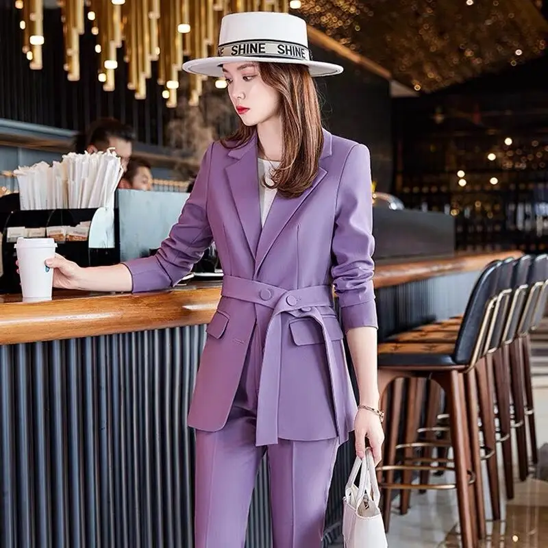 Oversize 4XL Women Purple Blazers Pants Suit Belt Sashes Winter Luxury Set Formal Work Business Lady Office Coat Elegant Jackets