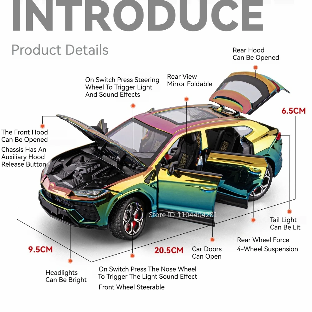 1:24 Lambor URUS LP770 Diecast Alloy Model Toys Car Doors Opened Sound Light Pull Back Miniature Vehices Fashion Gift for Friend