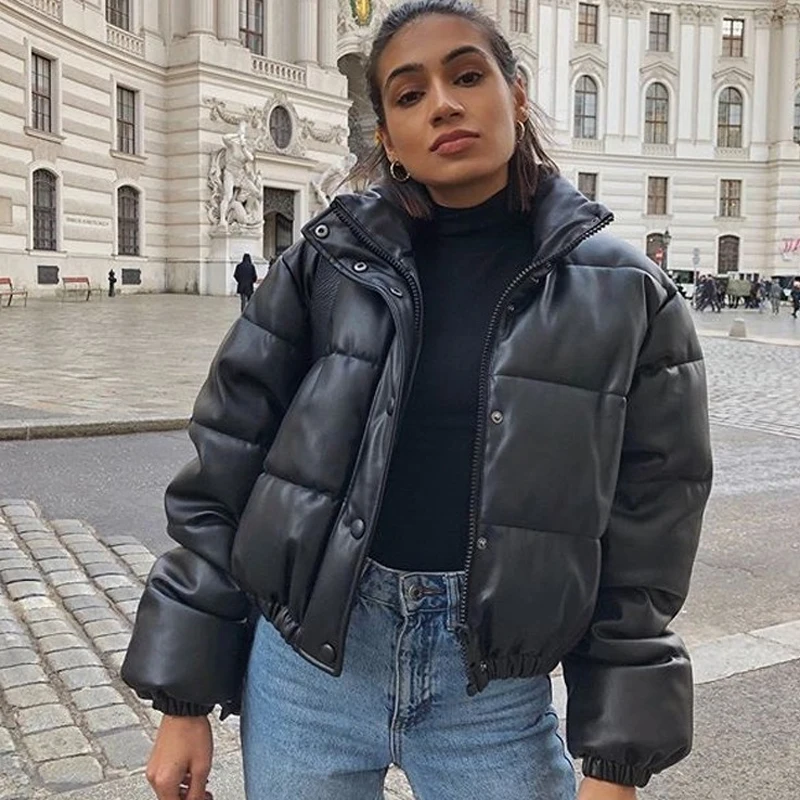 Zoki-Parkas cortas gruesas para mujer, abrigos cálidos de cuero PU a la moda, chaqueta de plumón acolchada de algodón negro, ropa elegante con