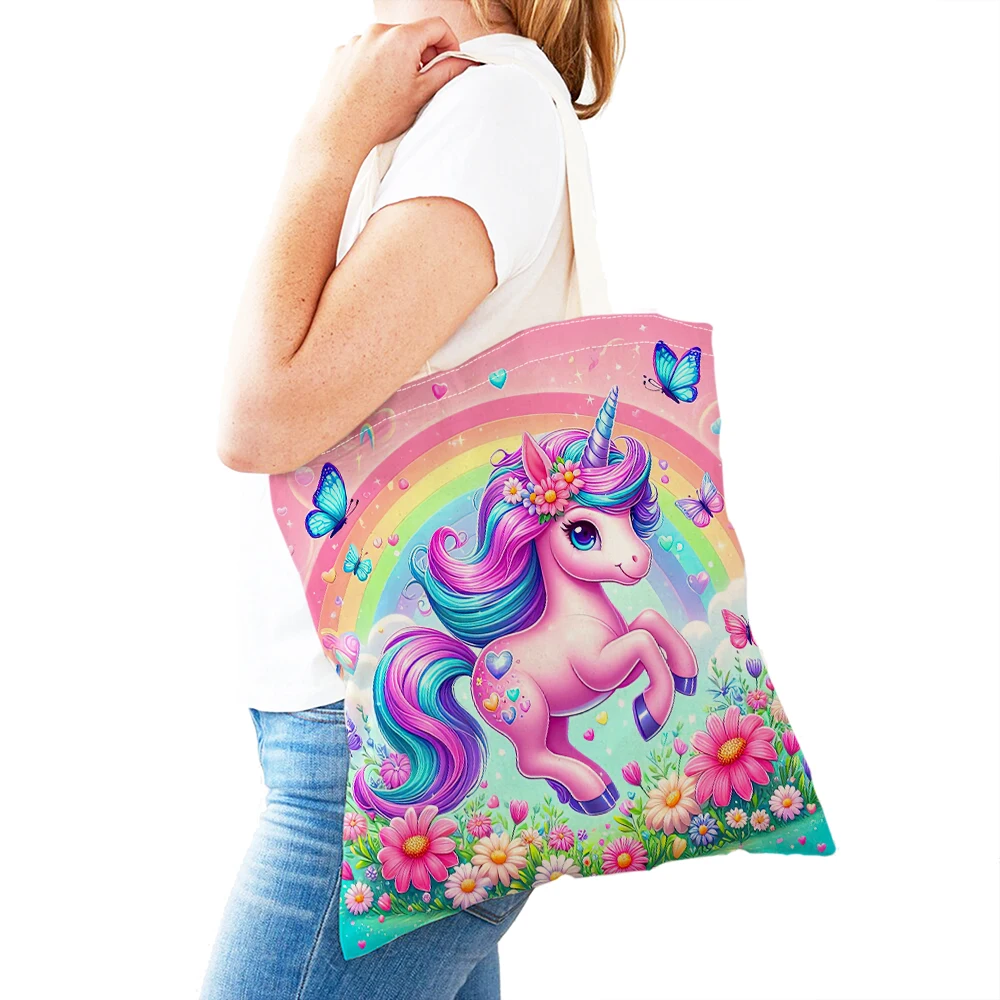 Bolsos de compras bonitos de animales de dibujos animados para mujer, bolso de compras de regalo para niños con doble estampado, bolso de hombro con diseño de unicornio mágico para mujer